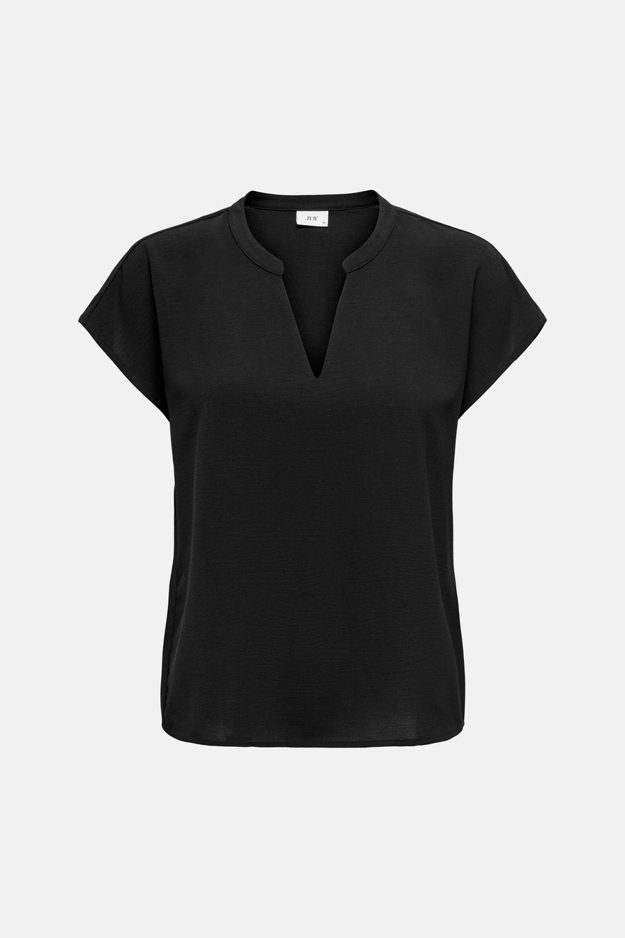 Zwarte blouse van JDY met korte mouwen en een V-hals, effen textuur op een neutrale achtergrond.