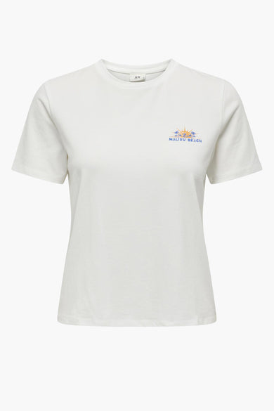 T-shirt blanc à manches courtes de JDY avec imprimé coloré Malibu Beach sur la poitrine, col rond et coupe ajustée, vue de face