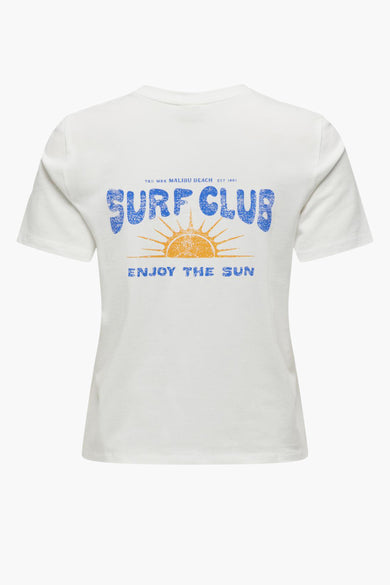 T-shirt blanc à manches courtes de JDY avec impression bleue 'SURF CLUB' et soleil jaune dans le dos, vue arrière
