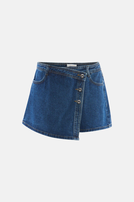 Skort en jean bleu marine d'ONLY avec rabat, fermeture à boutons et poches avant.