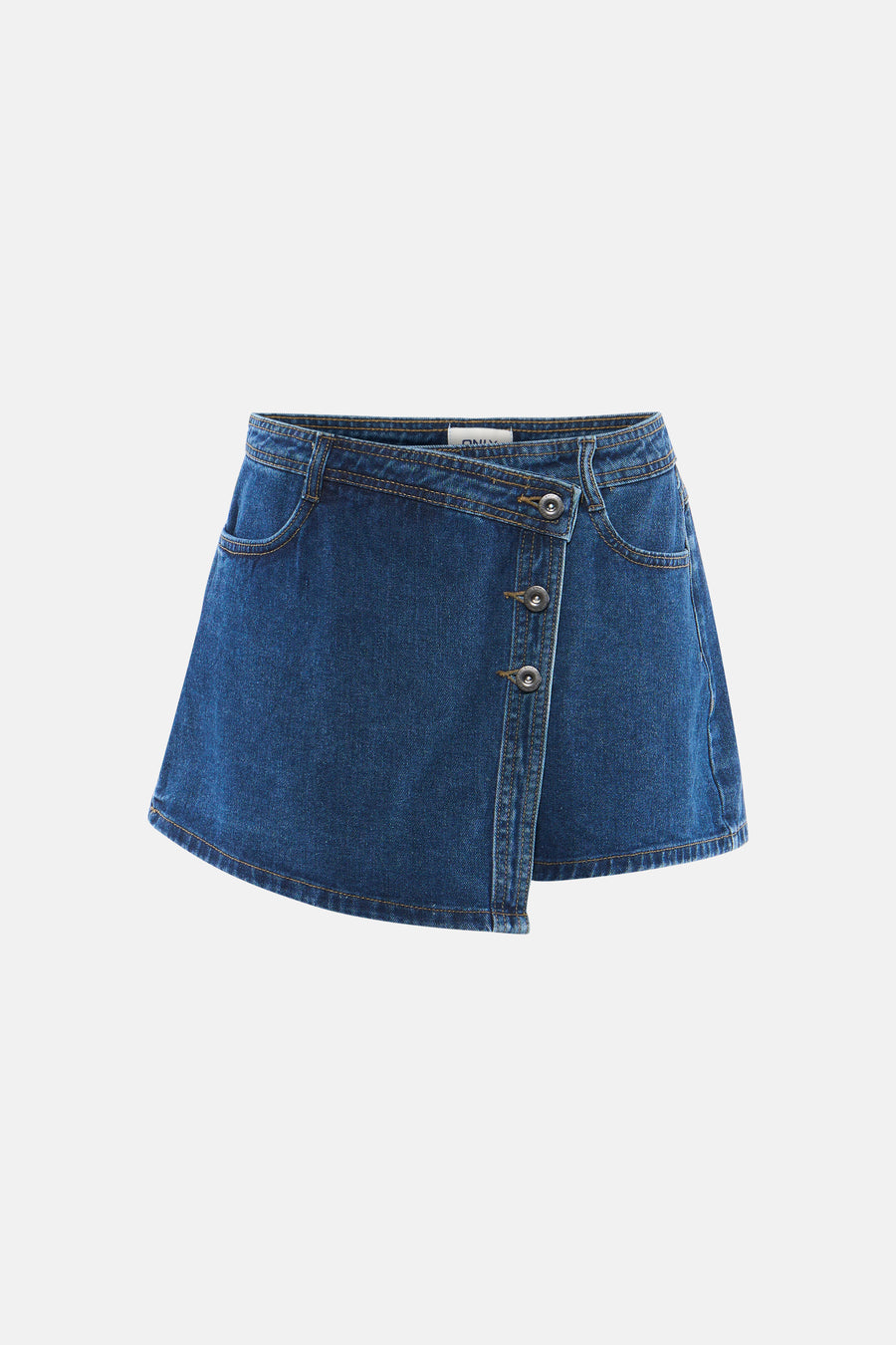 Donkerblauwe denim skort van ONLY met overslag, knoopsluiting en voorzakken.