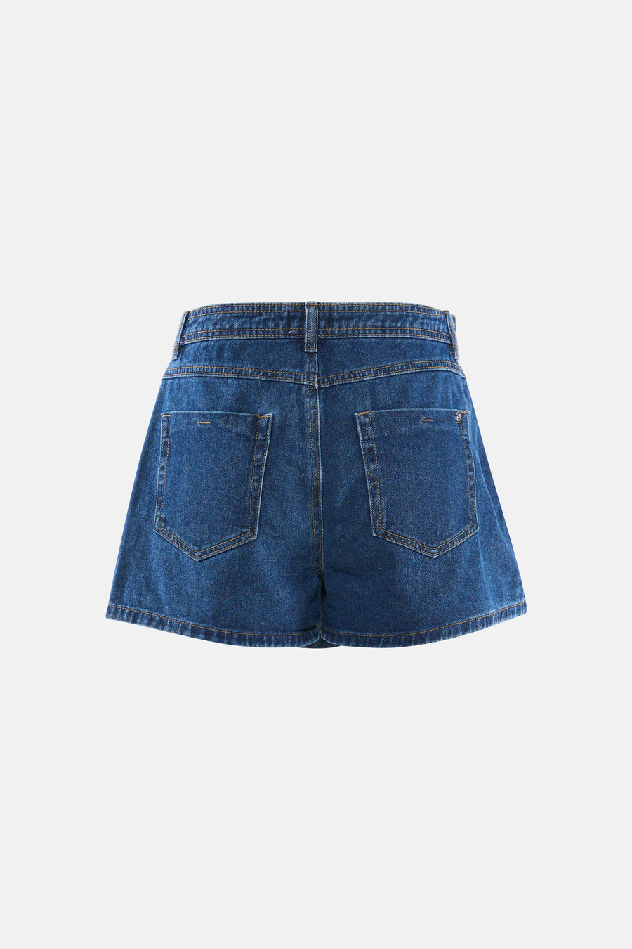 Donkerblauw denim broekrok van ONLY® met twee achterzakken en contrasterend stiksel, achteraanzicht.
