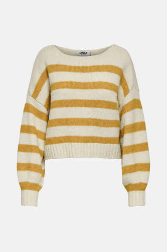 T-shirt écru avec col rond de ONLY, rayé de bandes jaunes moutarde et manches longues.