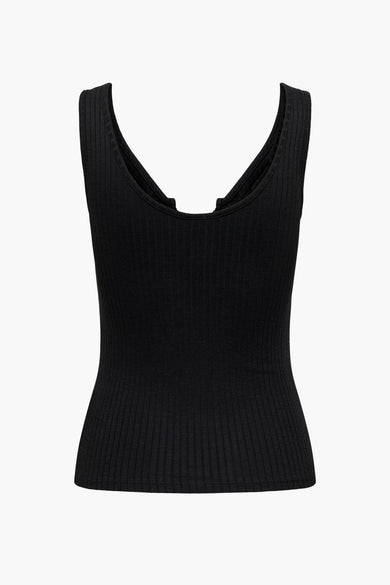 Zwart ribbel tanktop van JDY, voorzien van diepe V-hals en strakke pasvorm, front view