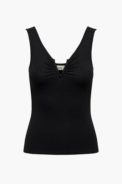 Zwart ribbel tanktop van JDY met V-hals en ruches aan de voorkant, front view