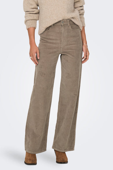 Bruine colorbroek van ONLY, met een corduroy textuur en een wijde pijp.