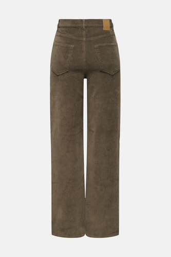Bruine colorbroek van ONLY, met wijde pijpen en zakken op de achterkant, in corduroy textuur.
