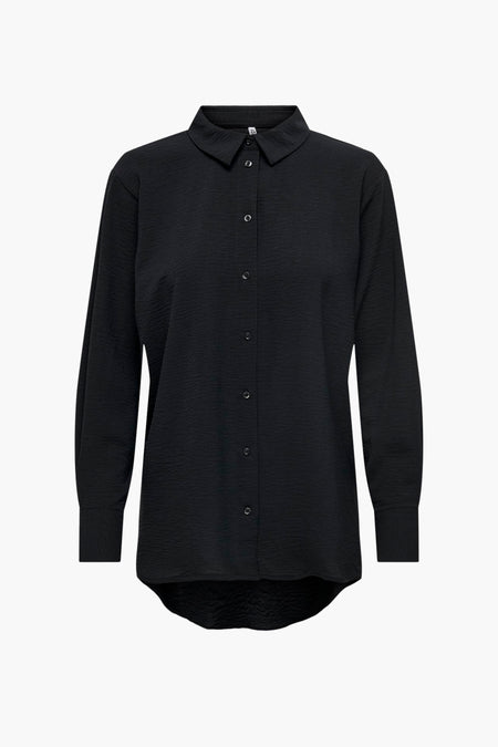 Chemise noire à manches longues de JDY, avec une texture subtile et un ourlet arrondi.