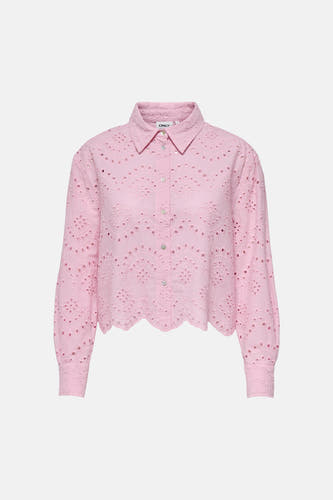 Chemise rose à manches longues ONLY, avec détails brodés et ourlet festonné.