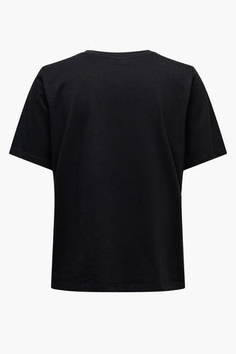 T-shirt noir ONLY, couleur unie et manches courtes, vu de dos sur un fond blanc.