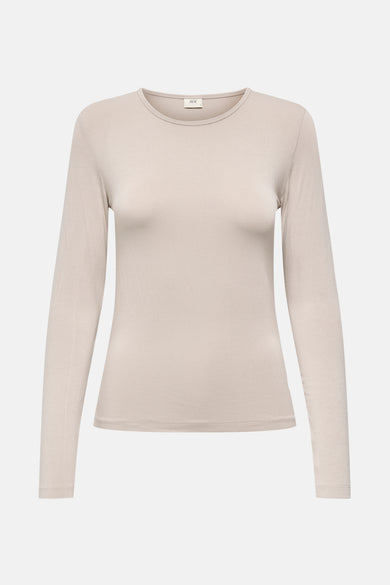 Beige T-shirt met lange mouwen van JDY, effen stof met een ronde hals.

