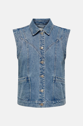 Veste en jeans sans manches de ONLY, en denim bleu moyen avec fermeture à boutons et poches à l'avant.