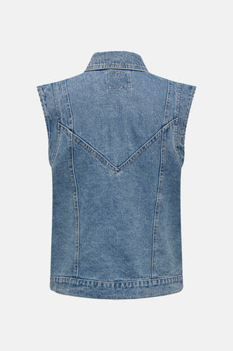 Veste en jeans sans manches de ONLY® en denim bleu, avec une broderie V sur le dos.