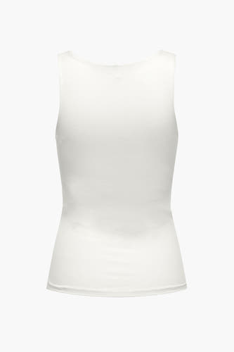 Ecru top van ONLY®, gezien van achteren, met een eenvoudige, effen textuur en een ronde halslijn.
