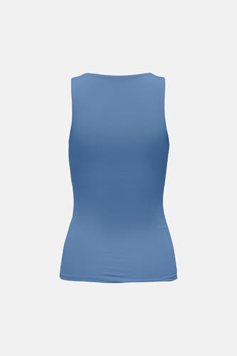 Blauwe top van ONLY® mouwloos, met ribbelstructuur en ronde hals, achteraanzicht.