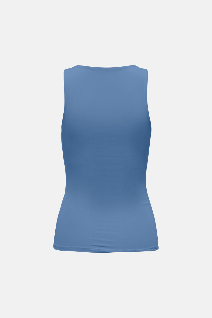 Blauwe top van ONLY® mouwloos, met ribbelstructuur en ronde hals, achteraanzicht.