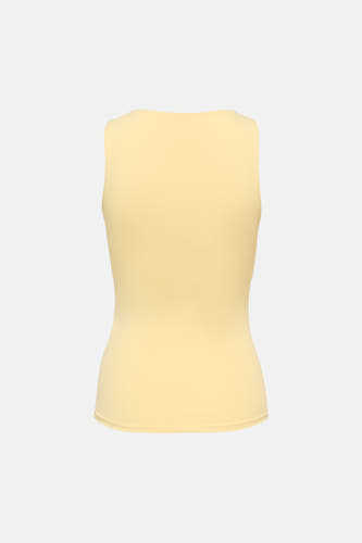 Lichtgele top met spaghettibandjes van ONLY®, achterkant met aansluitend model en fijn ribpatroon.