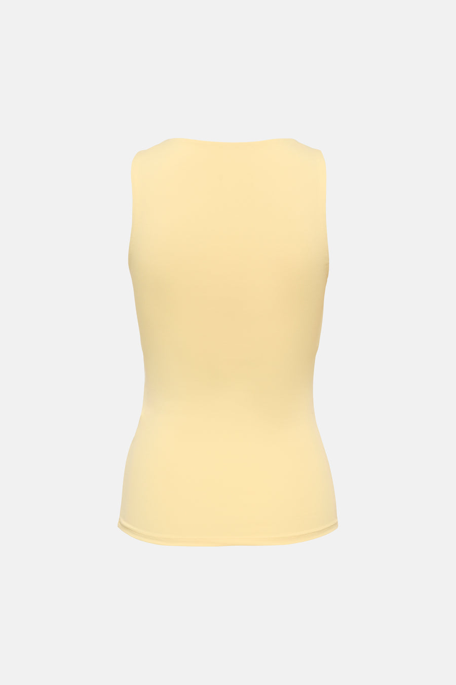 Lichtgele top met spaghettibandjes van ONLY®, achterkant met aansluitend model en fijn ribpatroon.