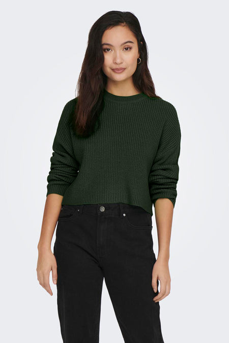Groene trui met ronde hals van ONLY, gedragen met een zwarte jeans met hoge taille.
