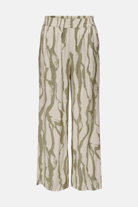 Ecru broek van JDY met olijfgroen, abstract, golvend patroon en elastische tailleband.