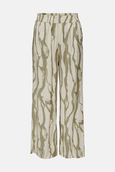 Pantalon écru de JDY avec motif abstrait vertical et ceinture élastique.