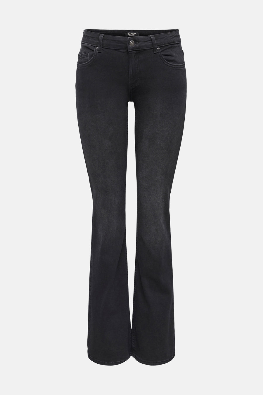 Zwarte flared jeans van ONLY, met een donkere wassing en klassieke zakken.
