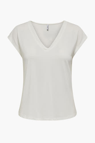 Wit T-shirt met korte mouwen van ONLY, effen kleur en V-hals.

