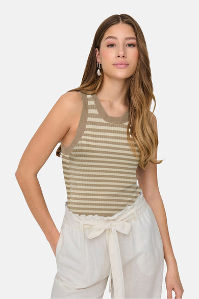 T-shirt sans manches beige de JDY, avec un motif rayé horizontal en côtes.