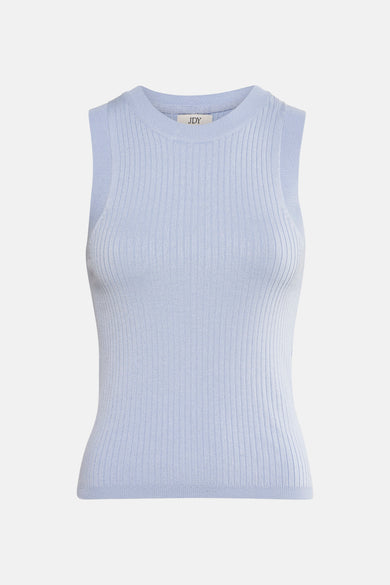 T-shirt sans manches bleu de JDY, avec une texture côtelée et un col rond, vu de l'arrière.