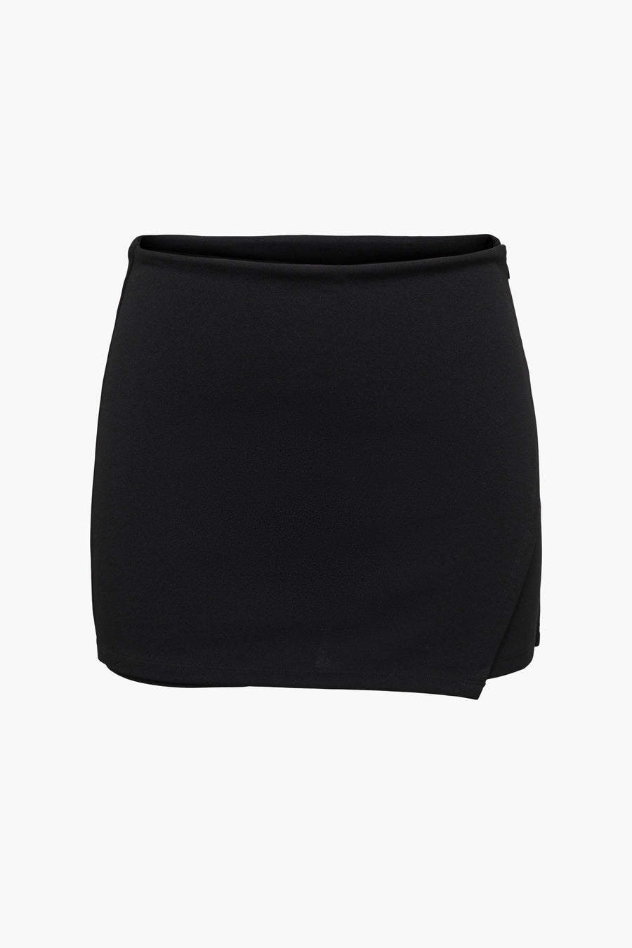 Zwarte skort van JDY, met een asymmetrische overslag voor, op een witte achtergrond.

