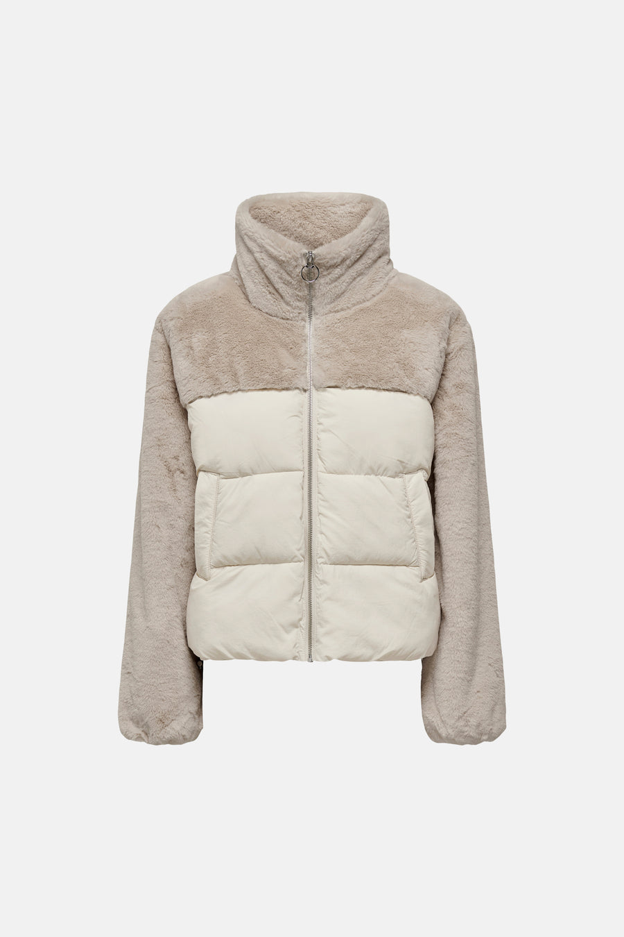 Crèmekleurige pufferjas met beige bontlook bovenkant en hoge kraag van ONLY®, voorzien van rits en zakken, front view