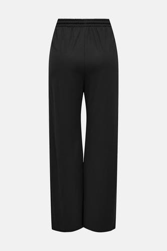 Zwarte broek van ONLY® met wijde pijpen en elastische tailleband, achteraanzicht.
