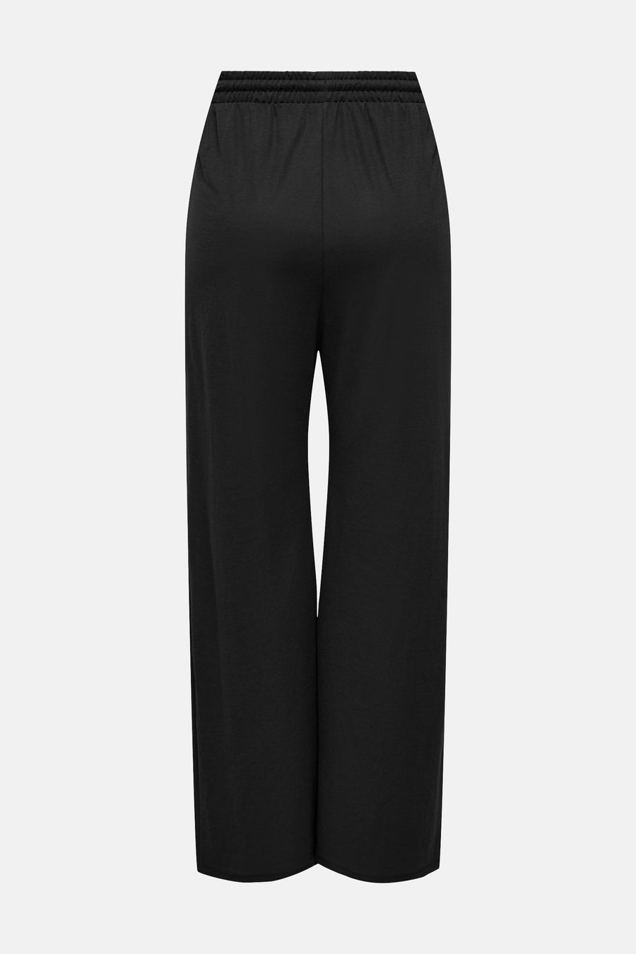 Zwarte broek van ONLY® met wijde pijpen en elastische tailleband, achteraanzicht.
