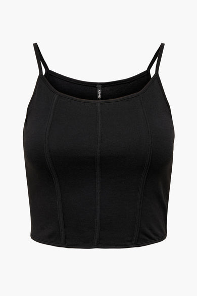 Zwarte top met spaghettibandjes van ONLY® met ribtextuur en verticale paneelnaden.