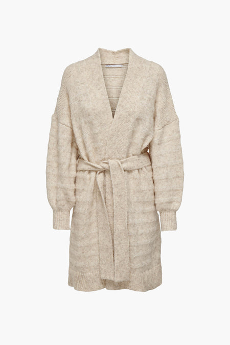 Beige gilet van ONLY met een ceintuur en lange mouwen.

