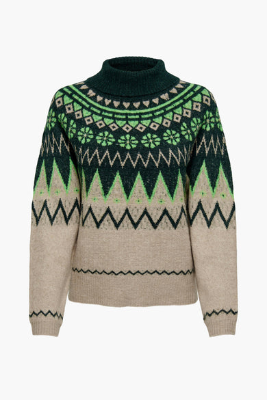 Multikleurige trui met rolkraag van JDY, met groen en beige Noors patroon.
