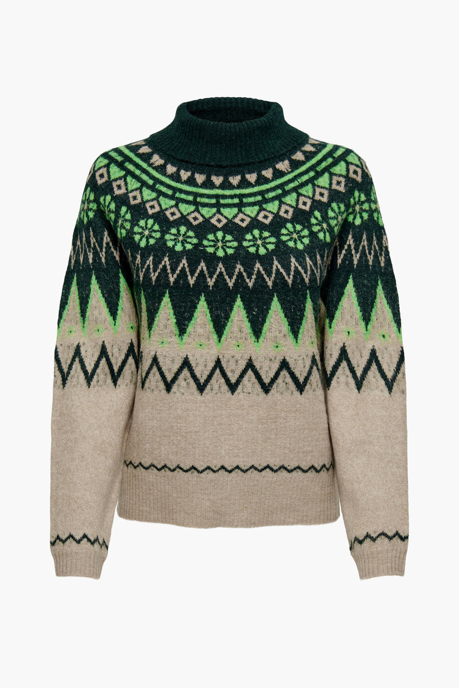 Multikleurige trui met rolkraag van JDY, met groen en beige Noors patroon.
