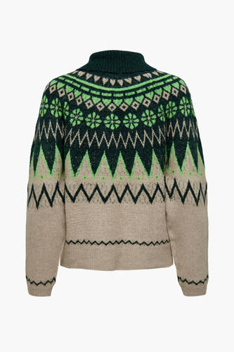 Multikleurige coltrui van JDY met groene en beige fair isle patronen.
