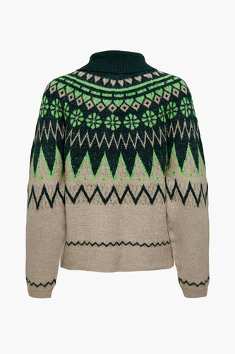 Multikleurige coltrui van JDY met groene en beige fair isle patronen.
