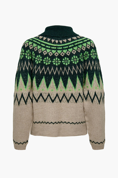 Multikleurige coltrui van JDY met groene en beige fair isle patronen.
