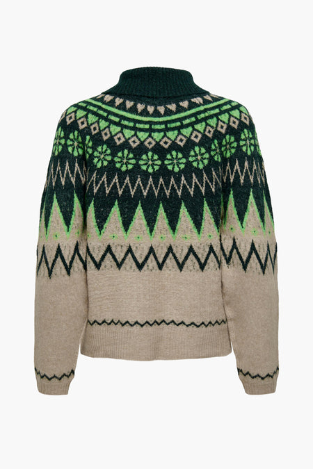 Multikleurige coltrui van JDY met groene en beige fair isle patronen.
