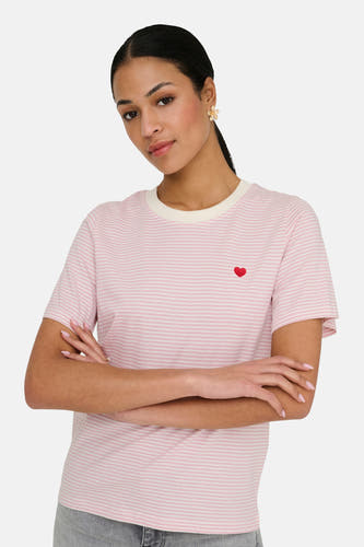 T-shirt à manches courtes rose de JDY, avec des rayures et un cœur rouge brodé.