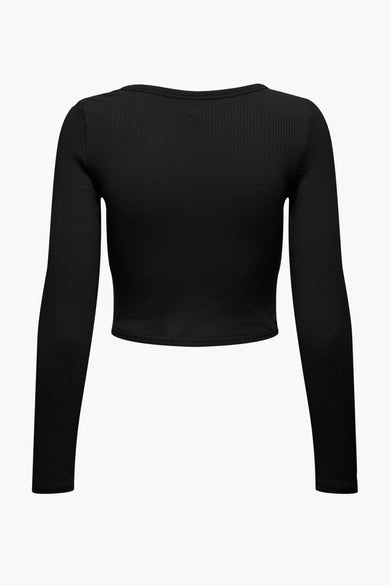 Zwart T-shirt met lange mouwen van ONLY, met rib textuur, tegen een witte achtergrond.