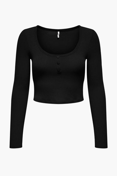 Zwart T-shirt met lange mouwen van ONLY, met een ribgebreide textuur en een knoopsluiting.
