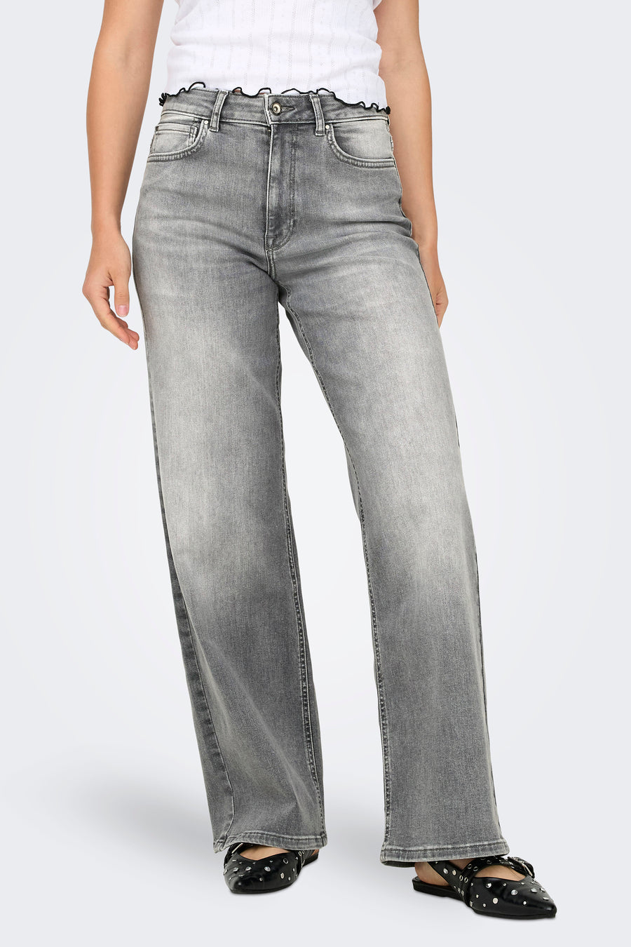 Lichtgrijze denim wide jeans van ONLY, met een hoge taille en wijde pijpen.
