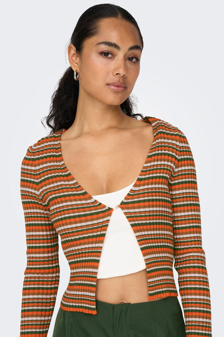 Gilet multicolore ONLY, avec un motif à rayures et des manches longues, porté sur une chemise blanche.