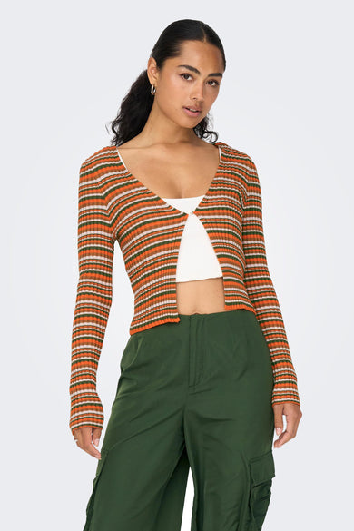 Gilet multicolore de ONLY, avec des rayures horizontales en orange, vert et blanc cassé.