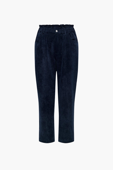 Blauwe broek van JDY, met een gerimpelde tailleband, steekzakken en een ribfluwelen textuur.