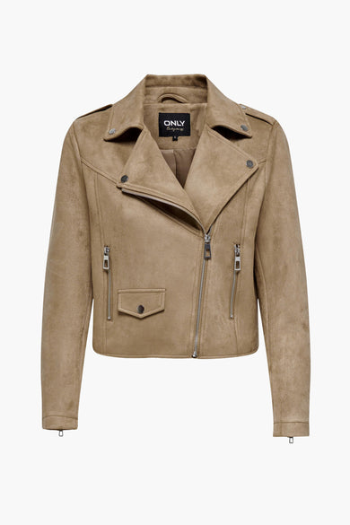 Beige korte jas van ONLY met een asymmetrische ritssluiting en zilverkleurige details.