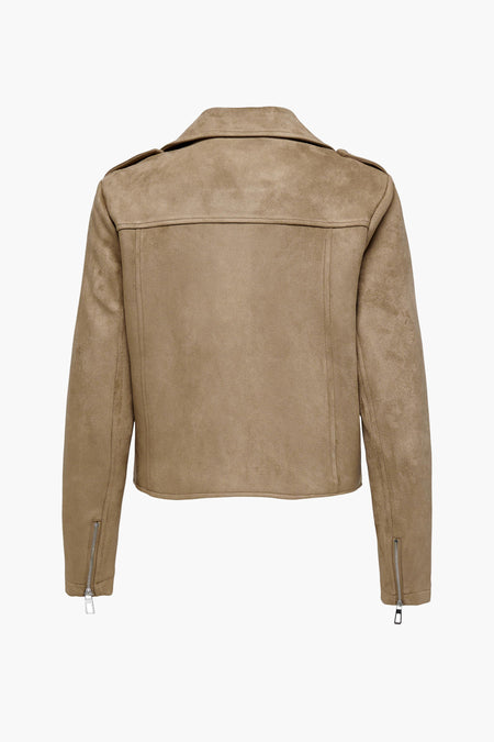Beige jas van ONLY, achteraanzicht met lange mouwen en zilverkleurige ritsen onderaan.
